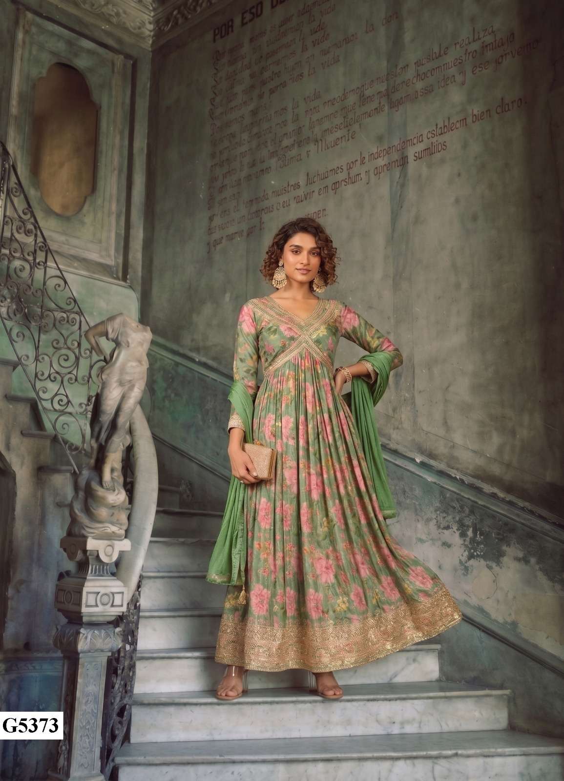 SANAAYA BOUTIQUE CHINON SILK DIGITAL PRINT PARTY WEAR LONG GOWN COLLECTION TEXTILE SHOP